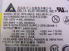 Delta RPS-350 D rating label showing model, Rev 01, autorange input 100-240V, 350W max output, output rail specs, and Micron P/N PWS001095-01