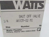 Watts FluidAir AKV35-02 M1 shut off valve box label showing 1/4 inch size and Kittery Maine manufacturer details