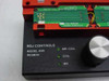 RDJ Controls Model 400 Resbox – close-up of front panel label and Guzik 303600 Extender Board PCB showing 'Made in USA' marking, board revision label, and green LED MR-Coil, Coil, MR indicators