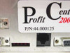 Profit Center 2000 Register Interface Box — close-up of label showing P/N 44.000125, RJ45 port, DB9 serial port, and LED indicator strip