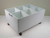 Plastic 6-slot chemical solvent container on rolling casters with chrome side handle — 3/4 front-left view