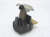 Telex 8510 dot matrix printhead – rear three-quarter view showing black finned heatsink body, metal arm bracket, and flat flex ribbon connector