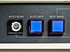 Raritan MC16E front panel close-up – Auto Scan, Auto Skip, and Next Bank blue illuminated push buttons