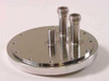 Omni Cap 101192-0027 vacuum chamber top fill port lid — three-quarter view showing dual tall cylindrical feedthrough port fittings, central threaded stud, and machined aluminum disk body with perimeter mounting holes