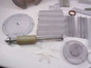 Plastic mixer rotor disc with center pin, corrugated blade stack assemblies, olive-colored roller shaft, and small impeller fan