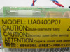 Gateway 2000 UA0400P01 close-up of yellow product label showing model number, 250V T2.54H fuse rating, double-pole neutral fusing caution, and multilingual safety warnings