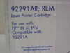 HP 92291AR REM laser printer cartridge label showing compatibility with HP IIIsi, IVsi and OEM 92291A