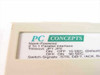PC Concepts label closeup — reads 'None-Powered 2 To 1 Parallel Interface' with JP1/JP2 jumper timeout settings: ON/OFF=10 sec default, OFF/ON=90 sec, and switch signals /STB, D0-7, /ACK