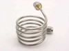 Stainless steel coiled coaxial SMA cable – front view showing tight coil form with gold-center SMA-female connector and SMA-male connector at bottom