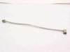 Semi-rigid coaxial RF jumper cable full view showing straight SMA-M connector on left end and right-angle SMA-M connector on right end, approximately 7 inches long with braided silver outer jacket