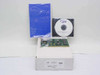 JNI FCE-6410-N Fibre Channel PCI HBA card shown with included v3.0 Windows driver CD and printed manual, beside original white cardboard box