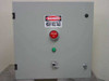 Custom power conditioner enclosure front panel showing DANGER HIGH VOLTAGE label, red Emergency Off mushroom button, green pilot indicator, and key lock