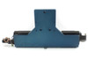Lintech 47411 dual linear stage front end view showing blue T-shaped base plate, dual stage rails, and servo motor on left end