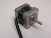 Applied Motion Products 5017-009 Stepping Motor — side view showing motor body, shaft, and multi-conductor lead wire with bare wire ends