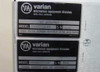 Varian Microwave Equipment Division data plate labels showing RF Assembly model 01007750-02 S/N 1631 and Power Supply and RF Assembly model VZC6965F7CSR S/N 1631