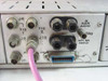 Scientific Atlanta 414 rear panel connector section showing J4, J9, J10, J6, J11, J12 connectors, VID 1, VID 2, Main Audio, and D-Sub port with pink cable