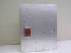 Rear view of aluminum mounting plate (14x18 in) showing waveguide switch port opening with red waveguide flange adapter