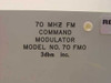 3dbm 70FMO front panel label close-up — reads '70 MHZ FM COMMAND MODULATOR MODEL NO. 70 FMO, 3dbm inc.'