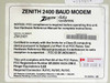 Zenith ZM-2401 bottom label showing model number, FCC ID BFJ9D9360V1, FCC Part 68 registration, RJ11C/RJ12C/RJ13C connector requirements, and Communications Canada mark