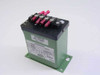 Flex-Core VT-120A voltage transducer front-left view showing green enclosure, fixed mounting plate, and red spade-lug wiring terminals on top black terminal block