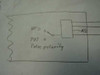 Hand-drawn schematic showing pulse polarity switch diagram with NEG, POS, and N/O labels