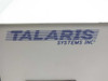 Talaris Systems Inc logo close-up — blue horizontal-stripe wordmark on top of beige printstation enclosure