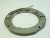 Stainless steel semi-rotating ring stage top view showing annular body with adjustment rod inserted, OD 8.75 inches