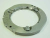 Stainless steel tick mark flange top view showing OD 8.75" ring with four alignment clip assemblies and bolt holes