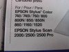 Close-up of Epson packaging compatibility list showing Stylus Color 740 through 1520 and Stylus Scan 2000/2500/2500 Pro