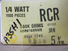 Allen-Bradley RCR07G684JS box label showing 1/4 Watt, 1000 Pieces, RCR, 680K Ohms, 5% tolerance, JAN specification, Code 4245
