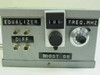 Steel enclosure RF equalizer front panel close-up showing EQUALIZER label, four DIFF BNC inputs, numeric frequency counter display, and BOOST DB rotary dial