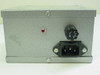 Rear panel of steel equalizer enclosure showing IEC AC power inlet, fuse holder, and red power indicator LED