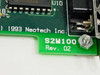Neotech S2M100 Rev.02 close-up of PCB silkscreen showing model number S2M100, Rev. 02, and 1993 Neotech Inc. copyright marking