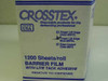 Crosstex BFBL Barrier Film box — close-up of label listing Finger Lift Edge Blue BFBL, BFCL, and BFZ variants, Made in USA