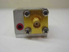 Avantek UTA-9665 RF amplifier – opposite end view showing SMA female output connector, gold face plate, and red dot marking