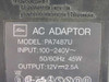 Toshiba PA7487U AC adapter rating label — MODEL PA7487U, INPUT 100-240V 50/60Hz 45W, OUTPUT 12V 2.5A, UL Listed 208E