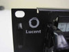Close-up of Lucent logo on left bracket of black rackmount 110 patch panel