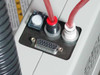 Close-up of Seiko TT8450 arm connector panel showing DB-15 port, push-button switch, and two pneumatic line fittings with cables attached