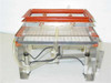 UV discharge tube light frame with pneumatic lift — front three-quarter view showing aluminum frame, red silicone-sealed UV tube housing raised above base, and clear tubing