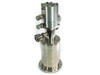 Air Products DE-202S Displex Cold Head — left-front view showing helium supply/return fittings, quick-connect couplings, and stainless cold head body on flange base
