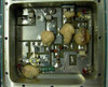Aertech S2604-2 VCO — interior RF cavity section closeup showing microstrip board with lumped-element resonators and transistors