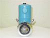 Cryogenic Associates R-141212-75 high vacuum container — front view showing large circular optical viewport with stainless flange and two side ports on the teal body