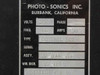 Photo-Sonics Inc rating plate showing 208V, Phase 3, 60Hz, 30A, Type: Control Box, Assy 22-1099-100, Wiring Diagram 22-1/8, System 1 & 4