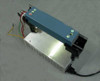 Mercron FXO416-2 fluorescent lamp supply powered on showing lamp illuminated — side angle with power cord connected