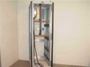 Varian 1015230 VZC rackmount cabinet, front view with door fully open showing internal sliders, waveguides, and cabling