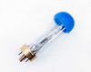 Sylvania CYS-DBH projector lamp bulb side view showing blue cap, clear T12 glass envelope, and G17q four-pin brass base