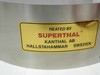Close-up of Superthal label on furnace base ring reading 'Heated by Superthal, Kanthal AB, Hallstahammar Sweden'