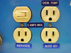 Close-up of three switched outlets on Lakewood Instruments 200 panel labeled Chem Pump, Service, and Bleed Off with on/off rocker switch and 5 Amps Max label
