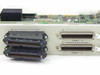 Cabletron 6E123-50 backplane connector end showing dual high-density SCSI-style connectors and two 50-pin CHAMP connectors