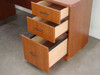 Sauder B2 desk 3-drawer pedestal with all three drawers open showing interior depth and dark bar pulls